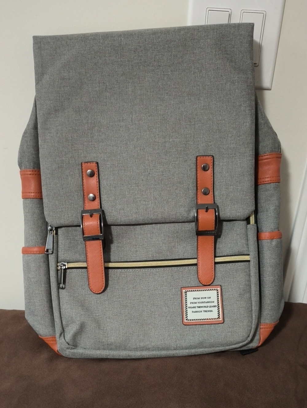 Canvas Men's Backpack in Grey with Brown Trim